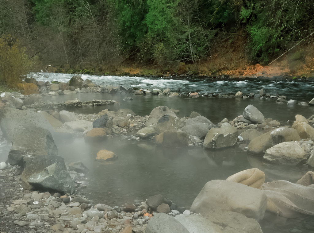 Natural hot spring pool surrounded by rocks, flowing water, and forest