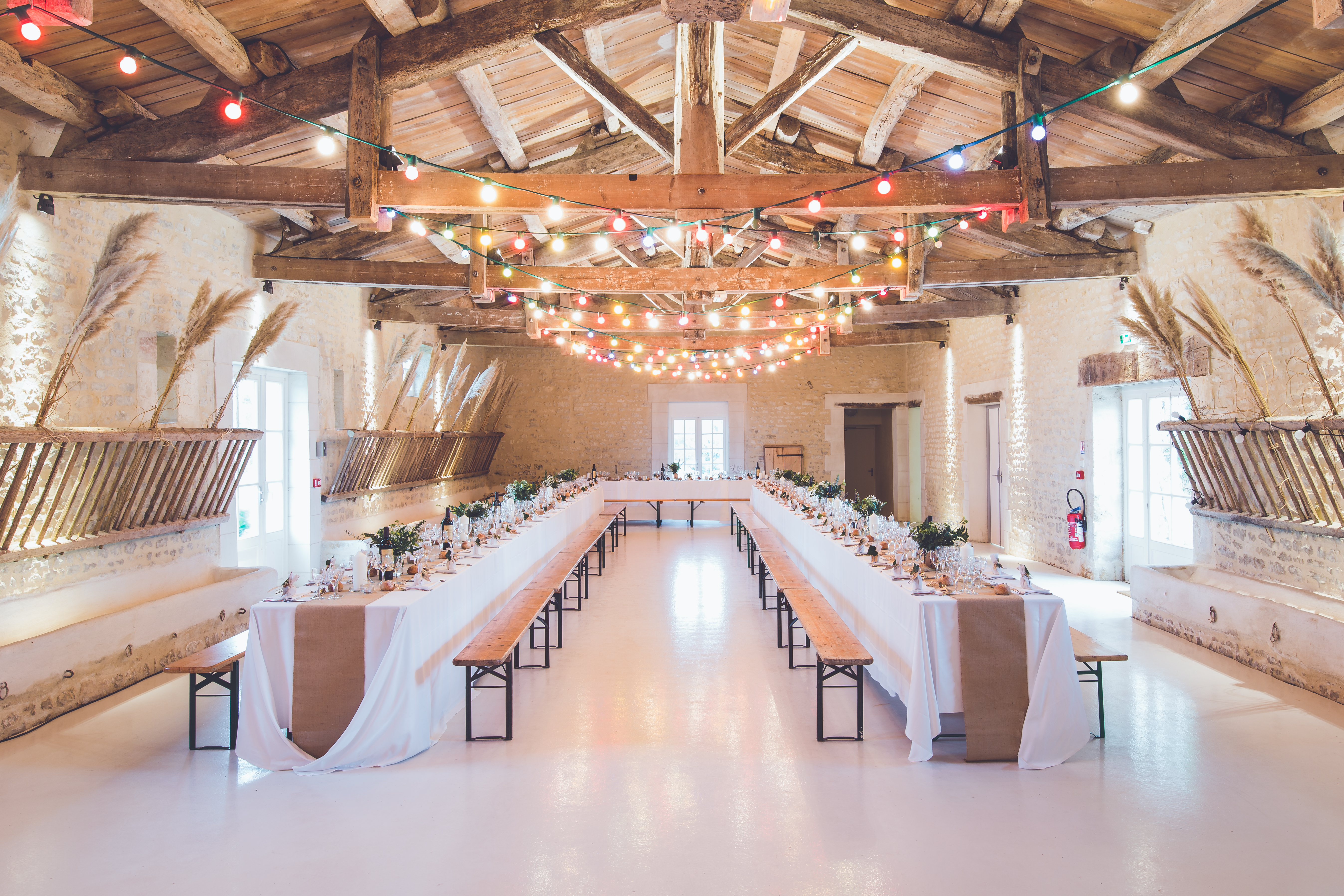 Outdoor wedding reception tables and benches set for a special event